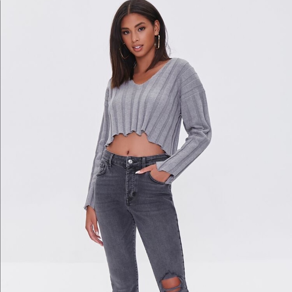 Forever 21 Cropped Rib Knit Sweater / Grey / Size L-XL